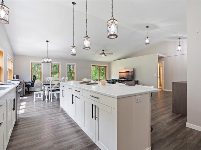 6629 45th Ave SW, Moose Lake Twp, MN 56472 - kitchen featuring vaulted ceiling, ceiling fan, plenty of natural light, dark wood-style floors, and light countertops