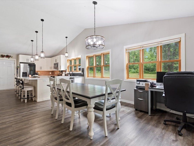 6629 45th Ave SW, Moose Lake Twp, MN 56472 - dining space with dark wood-type flooring, a chandelier, an office area, and high vaulted ceiling