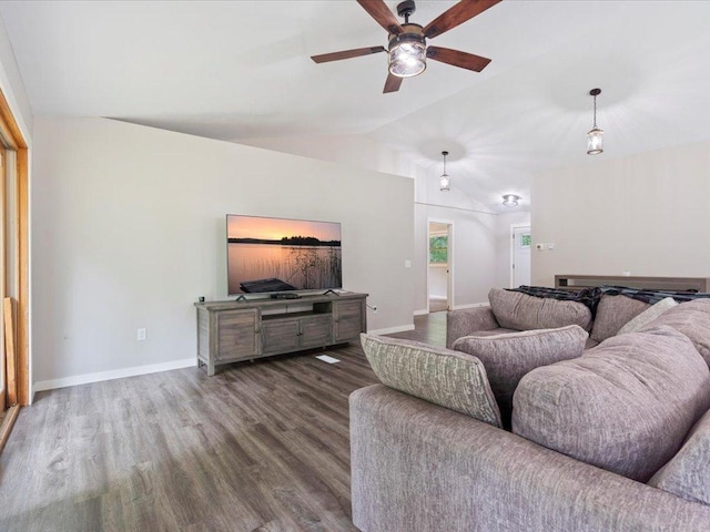 6629 45th Ave SW, Moose Lake Twp, MN 56472 - living room with a ceiling fan, wood finished floors, and lofted ceiling