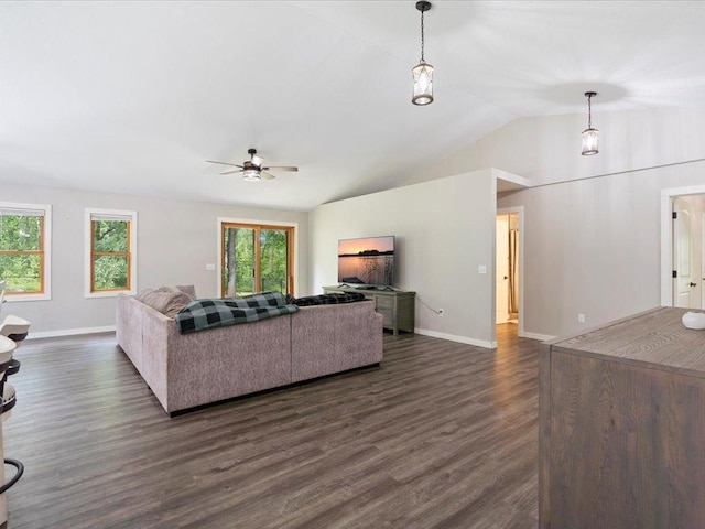 6629 45th Ave SW, Moose Lake Twp, MN 56472 - living room with healthy amount of natural light, ceiling fan, vaulted ceiling, and dark wood-style floors