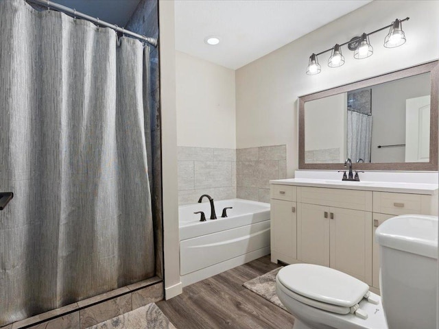 6629 45th Ave SW, Moose Lake Twp, MN 56472 - bathroom with wood finished floors, a garden tub, vanity, and a shower with shower curtain