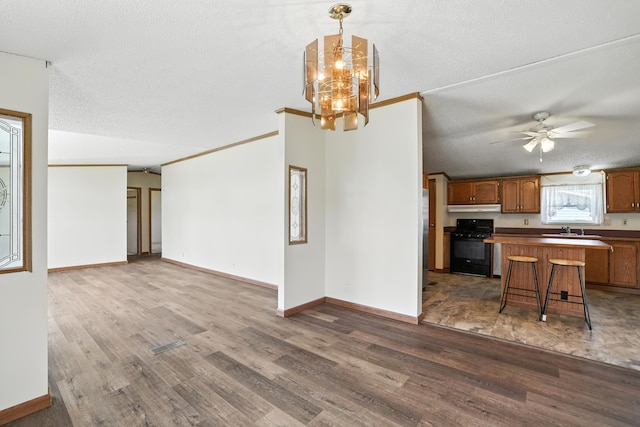 6257 State Highway 70, Rock Creek, MN 55063 - kitchen with black range with gas cooktop, wood finished floors, stainless steel fridge, open floor plan, and a kitchen island