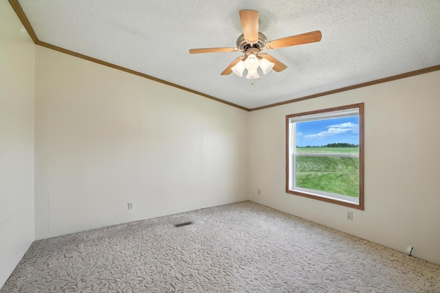 6257 State Highway 70, Rock Creek, MN 55063 - unfurnished room with carpet floors, ceiling fan, a textured ceiling, and ornamental molding