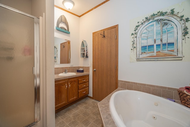 1618 Maple Shores Ln NE, Longville, MN 56655 - full bath with a shower stall, vanity, a whirlpool tub, tasteful backsplash, and crown molding