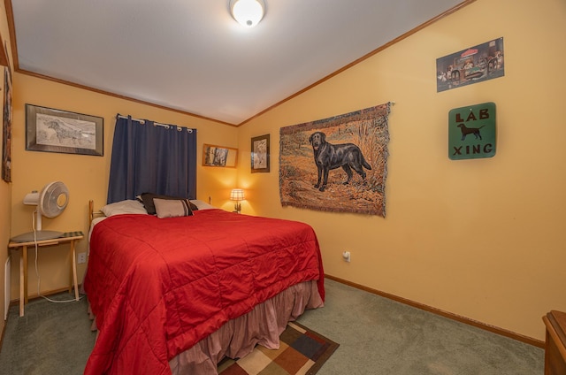 1618 Maple Shores Ln NE, Longville, MN 56655 - bedroom featuring lofted ceiling, carpet floors, and ornamental molding