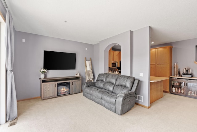 13659 Brick Path, Rosemount, MN 55068 - living room with arched walkways, light colored carpet, and a glass covered fireplace