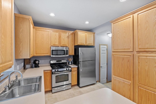 13659 Brick Path, Rosemount, MN 55068 - kitchen with appliances with stainless steel finishes, light brown cabinetry, recessed lighting, light countertops, and light tile patterned floors