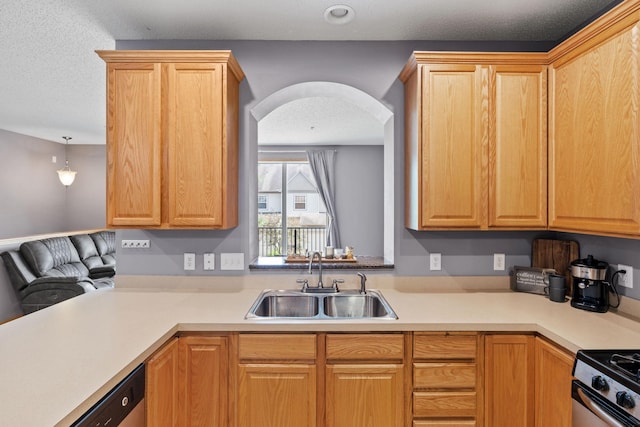 13659 Brick Path, Rosemount, MN 55068 - kitchen featuring stainless steel stove, dishwashing machine, light countertops, arched walkways, and a textured ceiling