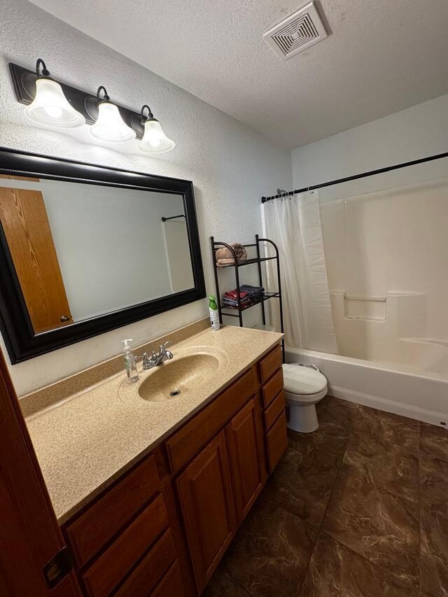 13492 Edgewood Ln SE, Mentor, MN 56736 - full bath with vanity, a textured ceiling, shower / bath combo with shower curtain, and a textured wall