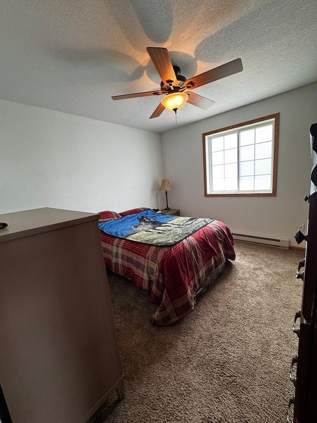 13492 Edgewood Ln SE, Mentor, MN 56736 - carpeted bedroom with a baseboard heating unit, a textured ceiling, and a ceiling fan