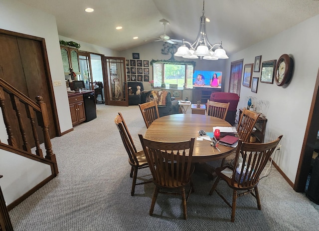 511 4th St W, Jasper, MN 56144 - dining area featuring light carpet, lofted ceiling, a ceiling fan, recessed lighting, and stairs