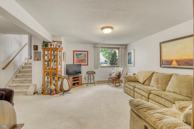 2744 32nd St S, Moorhead, MN 56560 - living room with carpet flooring, stairs, a textured ceiling, and baseboard heating