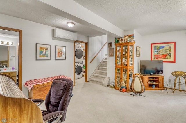 2744 32nd St S, Moorhead, MN 56560 - office area with stacked washer and clothes dryer, a wall mounted air conditioner, carpet flooring, and a textured ceiling