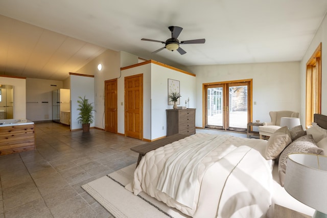 21555 699th St, Wabasha, MN 55981 - bedroom featuring vaulted ceiling, ceiling fan, and access to exterior