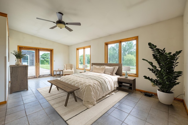 21555 699th St, Wabasha, MN 55981 - bedroom with access to outside, tile patterned flooring, vaulted ceiling, and a ceiling fan