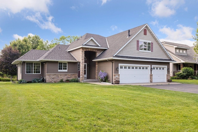 15450 Goodview Ave N, Hugo, MN 55038 - craftsman-style house with stone siding, driveway, a front yard, a garage, and roof with shingles