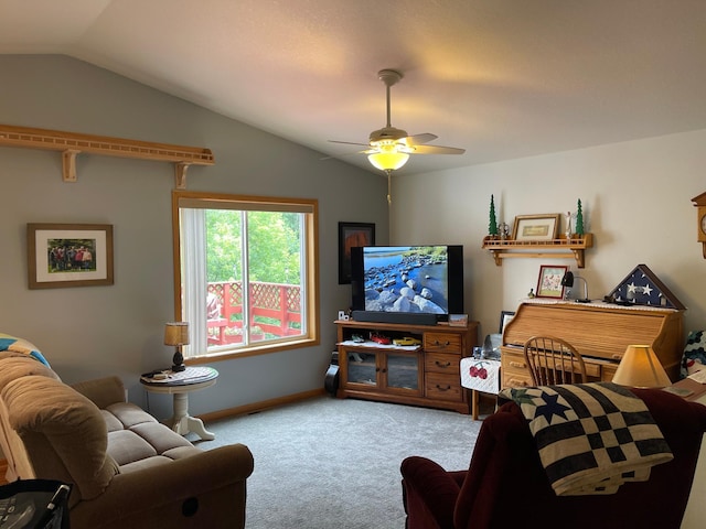 640 Meadowlark Ln, Eden Valley, MN 55329 - living area with carpet flooring, vaulted ceiling, and a ceiling fan