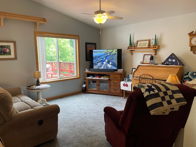 640 Meadowlark Ln, Eden Valley, MN 55329 - living area with carpet floors, ceiling fan, and vaulted ceiling