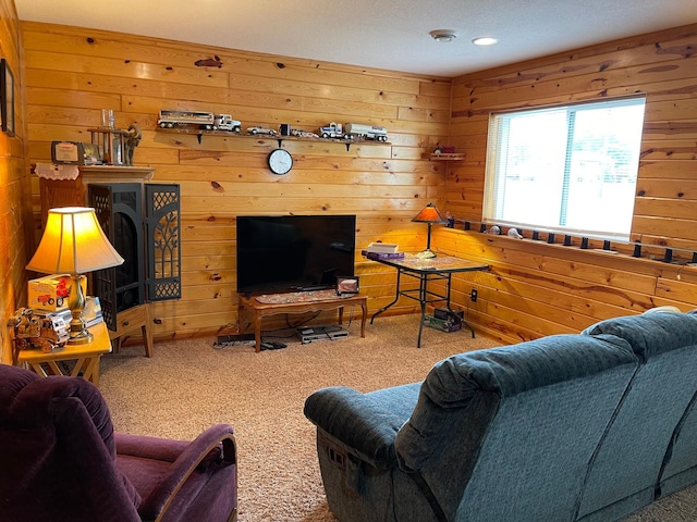 640 Meadowlark Ln, Eden Valley, MN 55329 - living room featuring carpet floors, wood walls, and recessed lighting