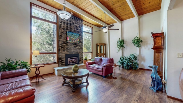 6317 Oak Meadow Ln NW, Rochester, MN 55901 - living room with wood ceiling, hardwood / wood-style floors, a brick fireplace, and a ceiling fan