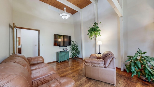 6317 Oak Meadow Ln NW, Rochester, MN 55901 - living room featuring a wooden ceiling with exposed beams, high vaulted ceiling, and wood finished floors