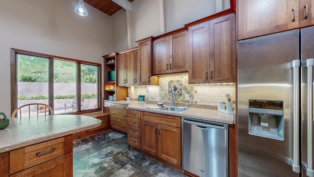6317 Oak Meadow Ln NW, Rochester, MN 55901 - kitchen with appliances with stainless steel finishes, tasteful backsplash, high vaulted ceiling, light countertops, and open shelves