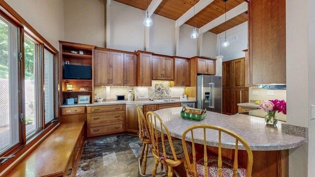 6317 Oak Meadow Ln NW, Rochester, MN 55901 - kitchen featuring appliances with stainless steel finishes, high vaulted ceiling, a wood ceiling with exposed beams, decorative backsplash, and open shelves