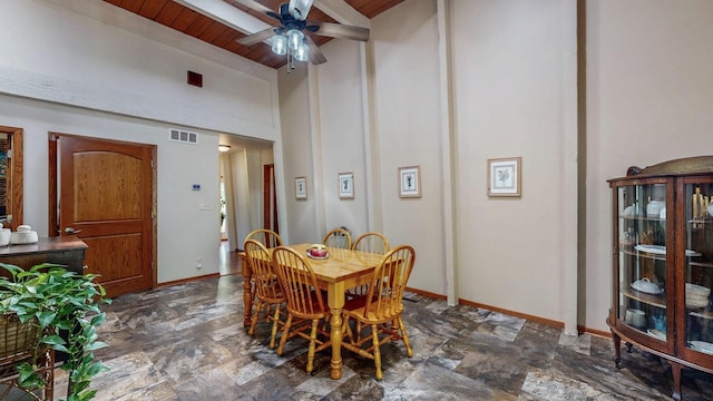 6317 Oak Meadow Ln NW, Rochester, MN 55901 - dining space featuring wooden ceiling, stone finish flooring, and ceiling fan
