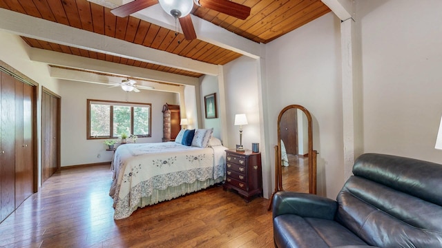 6317 Oak Meadow Ln NW, Rochester, MN 55901 - bedroom featuring a wood ceiling with exposed beams, wood finished floors, and a ceiling fan