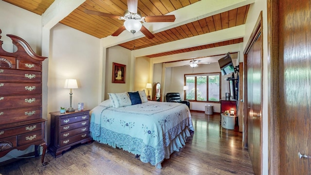 6317 Oak Meadow Ln NW, Rochester, MN 55901 - bedroom featuring a wood ceiling with exposed beams, wood finished floors, and a ceiling fan