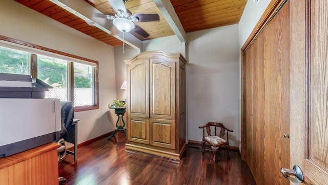 6317 Oak Meadow Ln NW, Rochester, MN 55901 - office featuring a wooden ceiling with exposed beams, dark wood-type flooring, and a ceiling fan