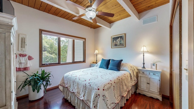 6317 Oak Meadow Ln NW, Rochester, MN 55901 - bedroom with a wood ceiling with exposed beams, dark wood finished floors, and a ceiling fan
