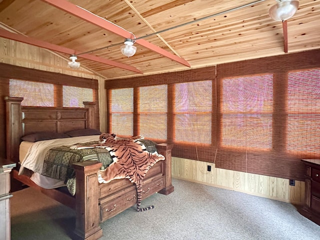 87102 Alder Loop, Sturgeon Lake, MN 55783 - bedroom featuring wooden ceiling, wood walls, carpet floors, and lofted ceiling