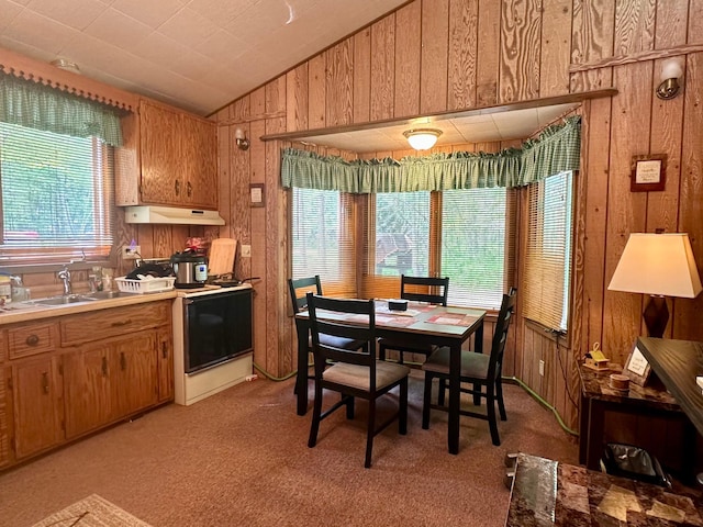 87102 Alder Loop, Sturgeon Lake, MN 55783 - dining room with wooden walls, lofted ceiling, and light colored carpet