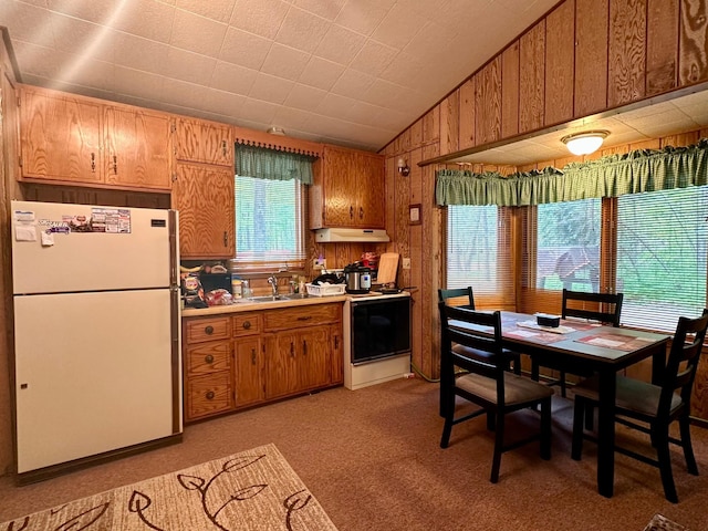 87102 Alder Loop, Sturgeon Lake, MN 55783 - kitchen featuring white appliances, under cabinet range hood, wooden walls, brown cabinets, and light countertops