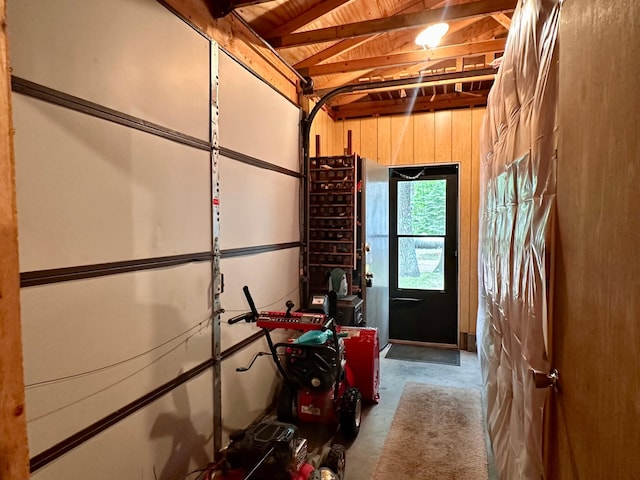 87102 Alder Loop, Sturgeon Lake, MN 55783 - garage featuring wooden ceiling and wooden walls