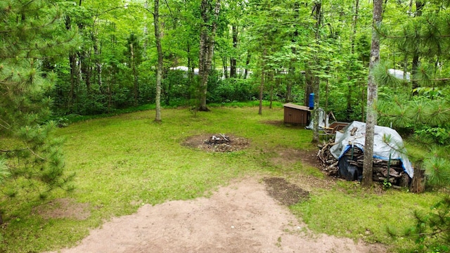 87102 Alder Loop, Sturgeon Lake, MN 55783 - view of yard featuring a storage shed, an outdoor fire pit, and a wooded view
