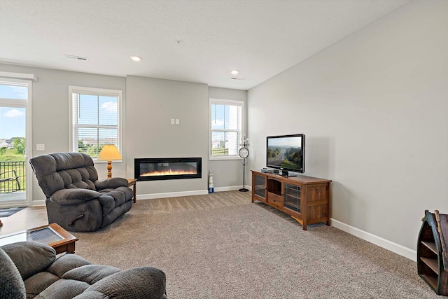 14145 Aberdeen Way, Rosemount, MN 55068 - living area featuring carpet flooring, a glass covered fireplace, and recessed lighting