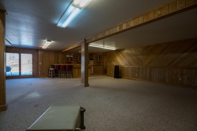 1757 325th Ave, West Sweden Twp, WI 54837 - basement featuring wooden walls, a bar, a textured ceiling, and carpet flooring