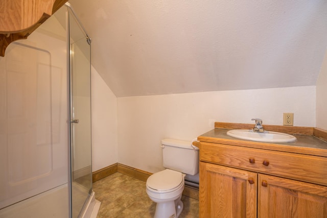 1757 325th Ave, West Sweden Twp, WI 54837 - bathroom featuring a shower stall, lofted ceiling, and vanity