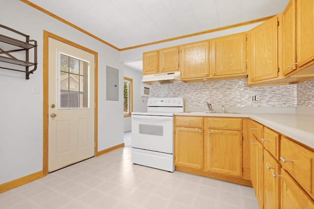 619 4th Ave E, Shakopee, MN 55379 - kitchen featuring electric stove, under cabinet range hood, decorative backsplash, light countertops, and crown molding