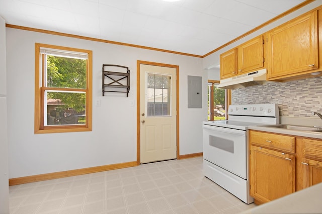 619 4th Ave E, Shakopee, MN 55379 - kitchen featuring white electric stove, under cabinet range hood, electric panel, healthy amount of natural light, and ornamental molding