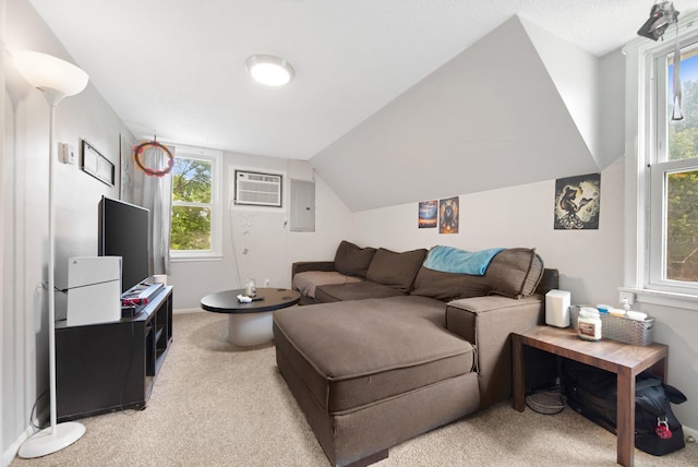 619 4th Ave E, Shakopee, MN 55379 - living room featuring light colored carpet, healthy amount of natural light, electric panel, lofted ceiling, and a wall unit AC