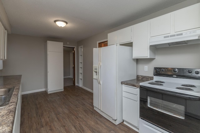 269 Chestnut St, Ellsworth, WI 54011 - kitchen featuring electric range oven, under cabinet range hood, white fridge with ice dispenser, dark wood-style flooring, and white cabinetry