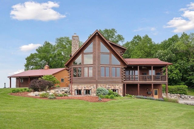70824 227th St, Dassel Twp, MN 55325 - back of property featuring a chimney, a yard, and log siding