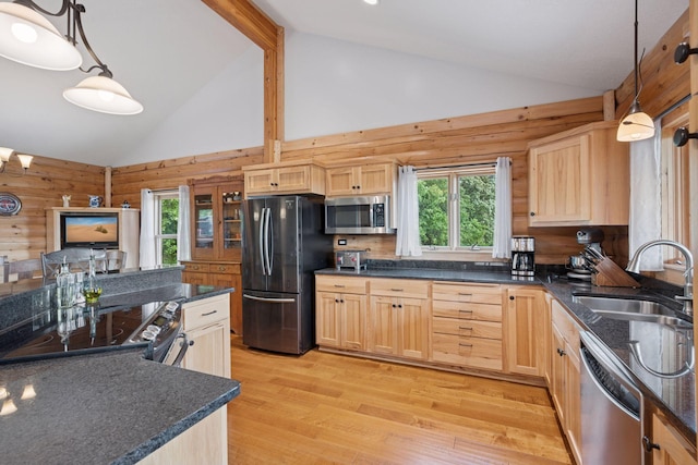 70824 227th St, Dassel Twp, MN 55325 - kitchen featuring appliances with stainless steel finishes, light brown cabinetry, plenty of natural light, light wood-style floors, and high vaulted ceiling