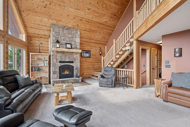70824 227th St, Dassel Twp, MN 55325 - living room featuring high vaulted ceiling, carpet floors, stairway, wood walls, and wooden ceiling