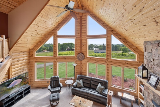 70824 227th St, Dassel Twp, MN 55325 - living room with log walls, high vaulted ceiling, wooden ceiling, plenty of natural light, and ceiling fan