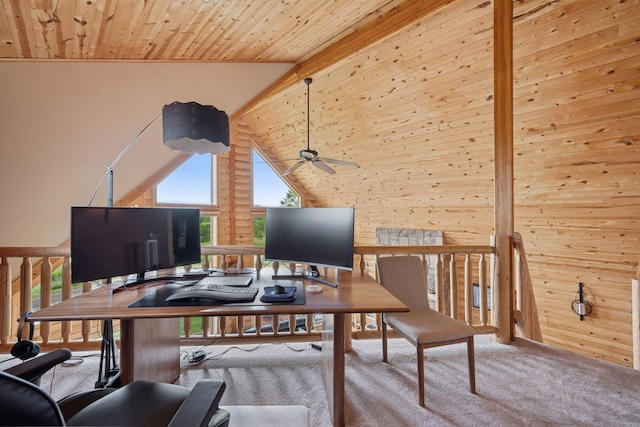 70824 227th St, Dassel Twp, MN 55325 - carpeted home office with ceiling fan, wood ceiling, wood walls, and high vaulted ceiling