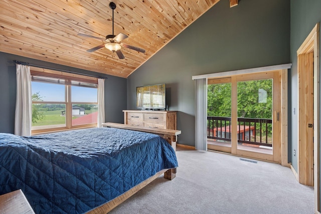 70824 227th St, Dassel Twp, MN 55325 - bedroom featuring wooden ceiling, light colored carpet, multiple windows, high vaulted ceiling, and access to exterior